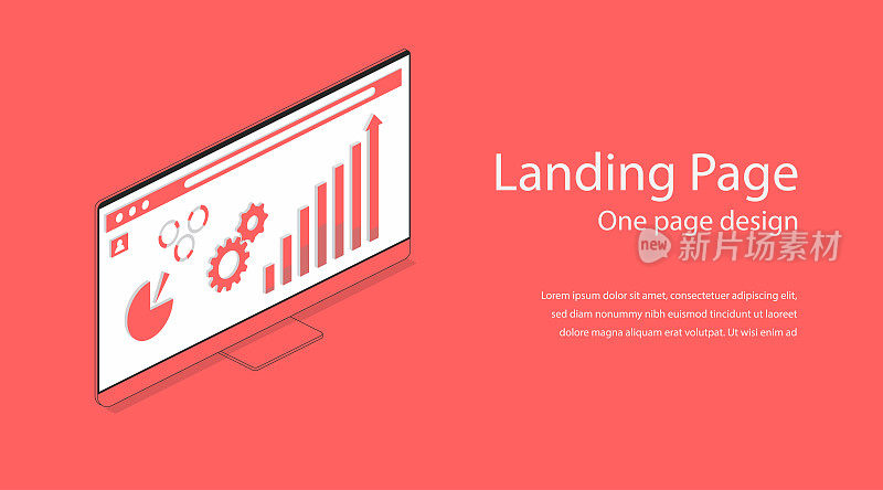 Web one landing page design template. Flat isometric modern monitor illustration. Computer screen 3d concept for infographic mockup background. Homepage data analytics and optimization internet site